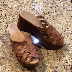 Sundance Chocolat Blu Olisssa Woven Leather and Suede Platform Wedge Slides